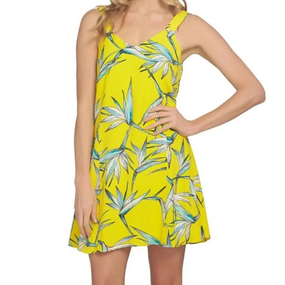 1. State Sunny Yellow Tropical Floral Mini Shift Dress Medium Vibrant Casual - Picture 10 of 12